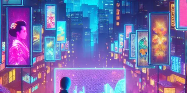 A vibrant neon cityscape at night, featuring a gender-neutral figure exploring holographic displays of diverse adult film content.