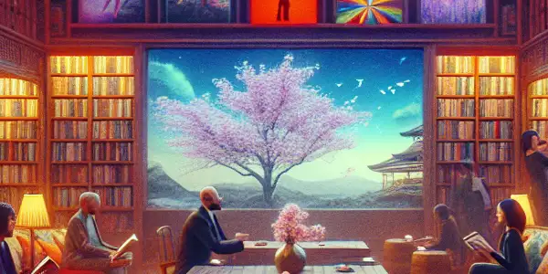 A cozy digital library dedicated to adult entertainment, featuring diverse visitors exploring vibrant screens and Japanese AV culture.