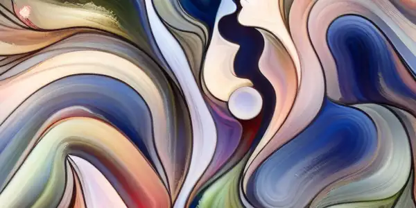 Abstract representation of Japanese AV culture, featuring vibrant colors, flowing lines, and subtle motifs of intimacy.