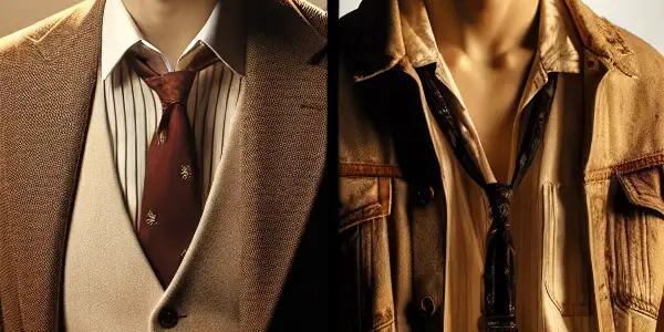 A charismatic man in elegant attire contrasts with a disheveled youth in a dramatic setting of charm versus debauchery.