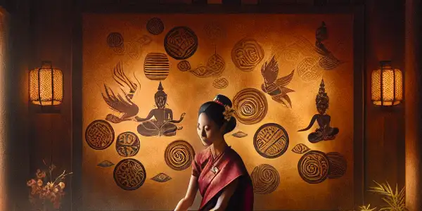 A luxurious massage parlor in Chiang Mai, blending traditional Thai decor with sensual elements and an inviting atmosphere.