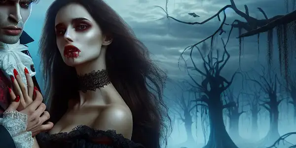 A passionate encounter between a woman and a brooding vampire in a dark, misty Southern Gothic landscape.