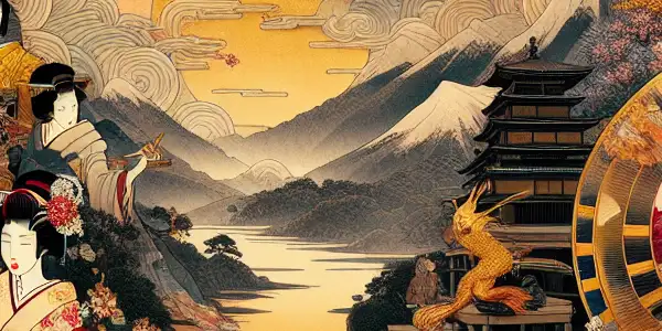 A vibrant scene blending traditional Japanese erotic art with modern elements, featuring elegant figures and serene landscapes.