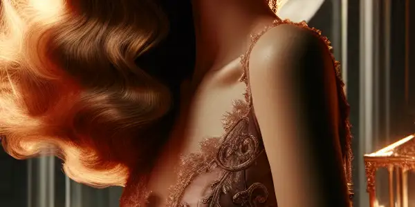 A confident woman in a luxurious, dimly lit room, surrounded by romance and sensuality.