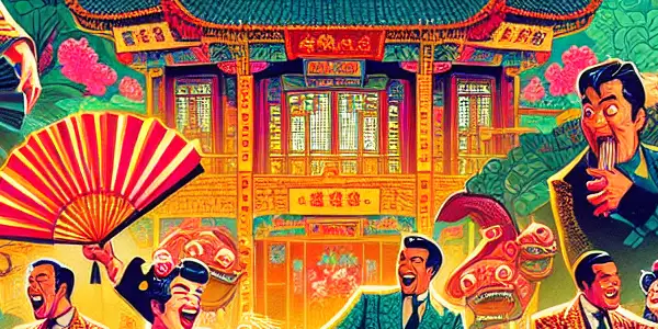 A lively movie poster featuring whimsical characters in a traditional Chinese garden, showcasing humor and flirtation.