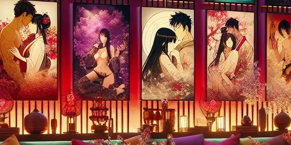 A vibrant virtual room showcasing erotic art and Japanese AV, featuring colorful screens and intimate romantic moments.