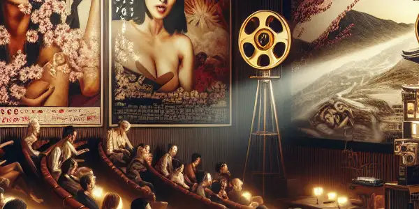 A cozy movie theater scene with diverse characters discussing Japanese adult films, adorned with vibrant posters and ambient lighting.