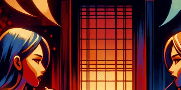 Two stylized characters in an intimate room engage in dialogue, surrounded by colorful speech bubbles depicting contrasting emotions.