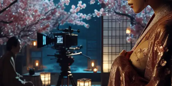 A young woman in a kimono gazes longingly at a moonlit garden through a traditional Japanese window.