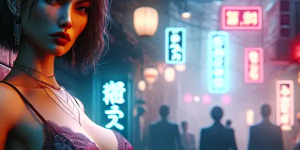 A confident woman in a seductive outfit stands in a dimly lit alley, hinting at crime and intrigue.