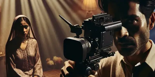A tense scene depicting a male character exploiting a vulnerable female in a dimly lit room.