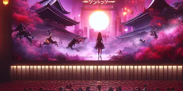 A seductive scene inside a midnight adult cinema with plush seating, ambient lighting, and a captivating film screening.