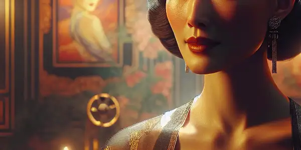 A glamorous East Asian character in a luxurious, dimly lit bedroom, embodying elegance and sensuality.