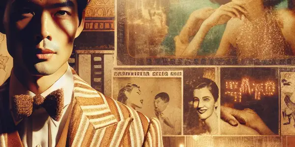 A nostalgic vintage film studio scene featuring a charismatic male actor and suggestive props, evoking classic adult cinema.