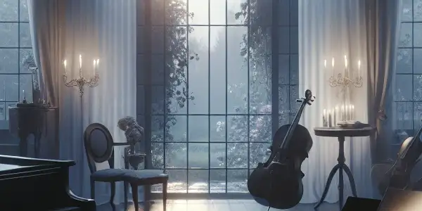 A dimly lit room with a grand piano, string instruments, and moonlit garden, evoking intimacy and melancholy.<a href=