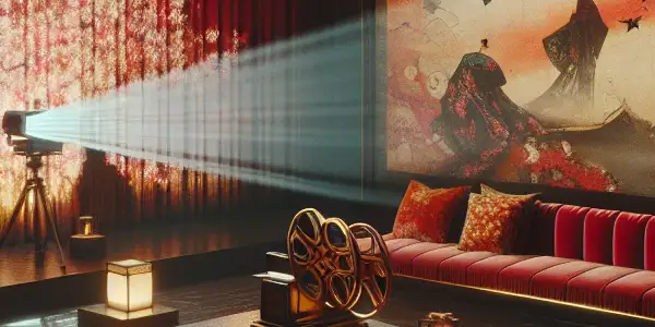 A luxurious vintage cinema scene featuring a film projector and abstract romantic silhouettes, blending adult entertainment with Japanese elements.