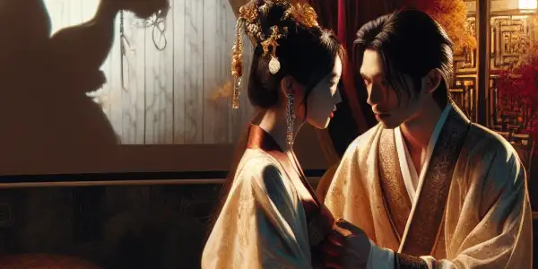 A couple in elegant Qing Dynasty attire shares an intimate moment in a lush, traditionally decorated bedroom.