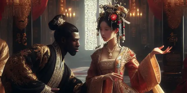 A flirtatious interaction between elegantly dressed figures in a lavish Qing Dynasty palace, evoking romance and intrigue.