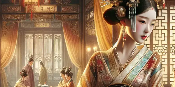 A Qing Dynasty beauty in a lavish palace interior, exuding mystery and seduction amidst ornate decor and ancient texts.