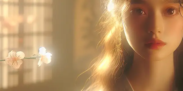 A young woman exudes ethereal beauty in a serene Japanese setting, blending innocence and intensity amidst cherry blossoms.