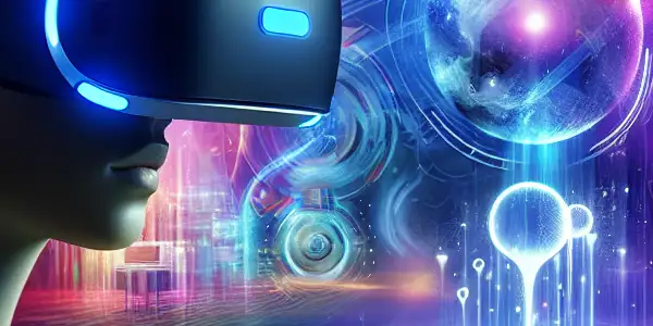 A user experiences a captivating virtual reality adult entertainment scene in a vibrant, high-tech environment.