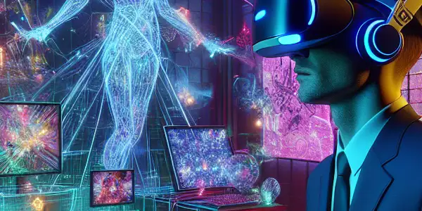 A futuristic VR room with a person immersed in holographic adult-themed visuals, blending modern technology and Japanese aesthetics.