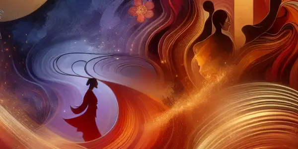 A vibrant and enchanting scene symbolizing exploration and allure in adult entertainment, featuring Japanese cultural elements and dynamic silhouettes.