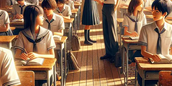 A lively Japanese high school classroom with students engaged in intimate conversations, hinting at youthful romance and emotion.